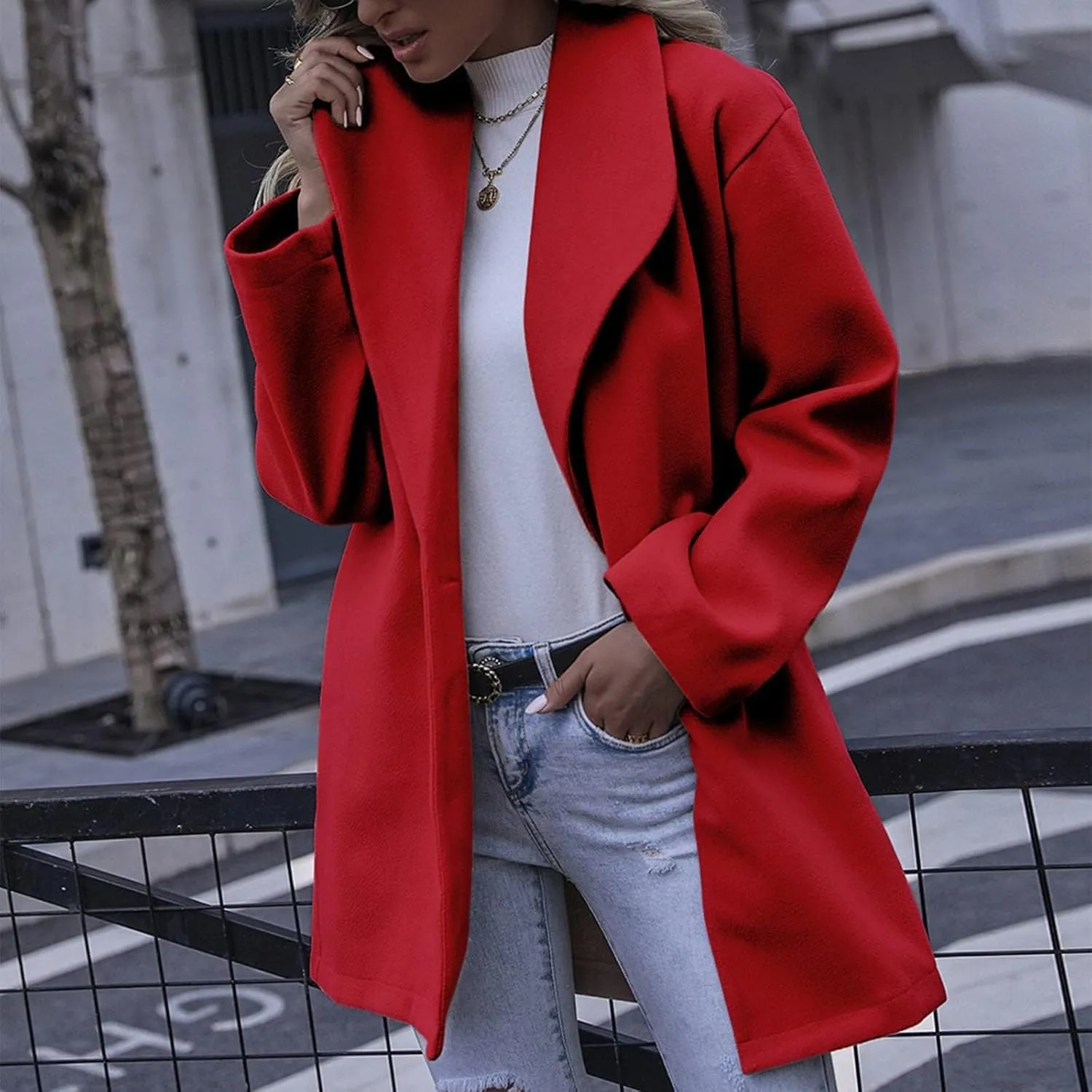 Women's Wool Blend Coat Double Button Notched Lapel Trench Coats Dressy Long Sleeve Business Jacket Outwear Overcoat