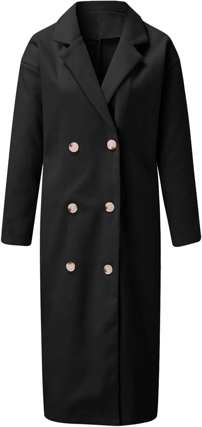 Womens Wool Blend Coat Notched Collar Double Breasted Peacoat Long Trench Overcoat Winter
