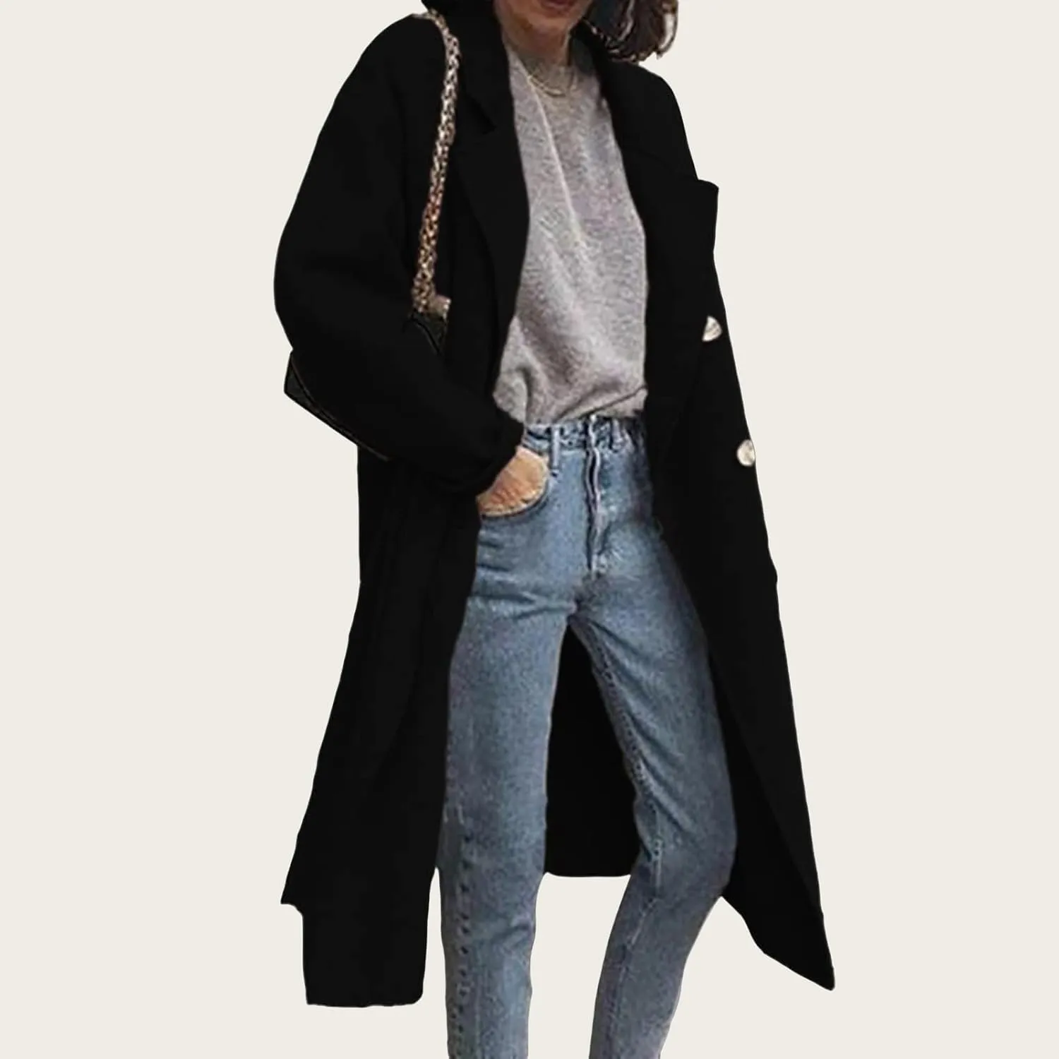 Womens Wool Blend Coat Notched Collar Double Breasted Peacoat Long Trench Overcoat Winter