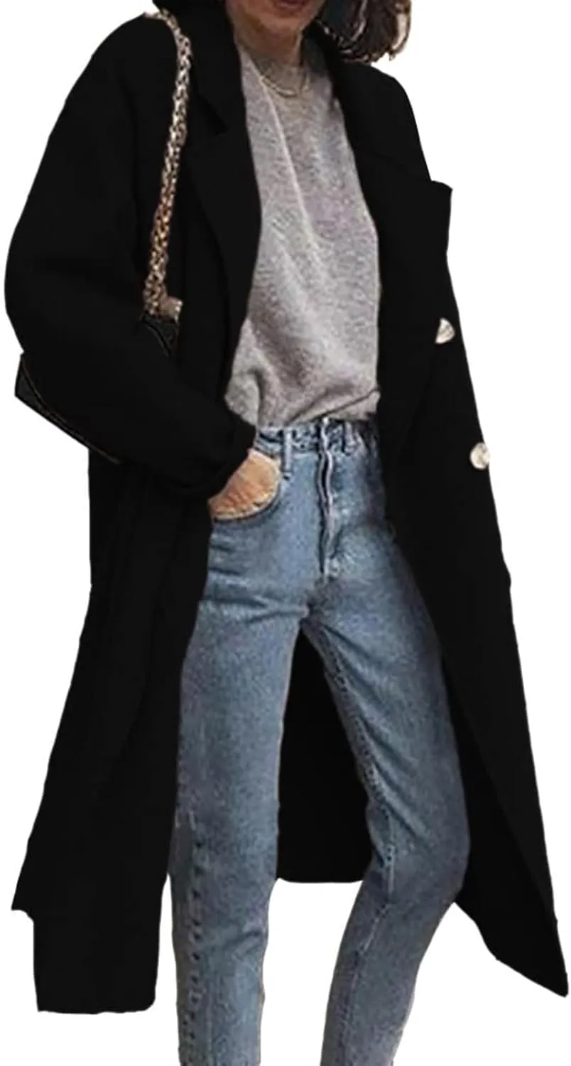 Womens Wool Blend Coat Notched Collar Double Breasted Peacoat Long Trench Overcoat Winter