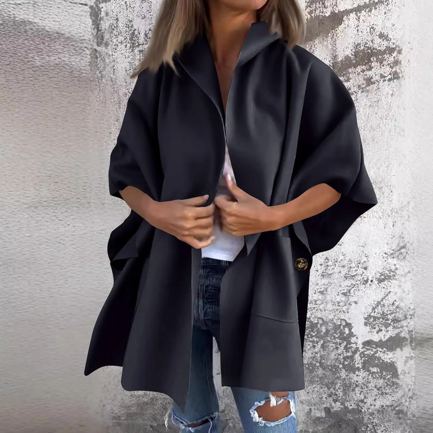 Women's Wool Blend Jackets Pea Coat Cape Shawls Winter Warm Wraps Solid Color Cardigan Casual Cape Coat for Women