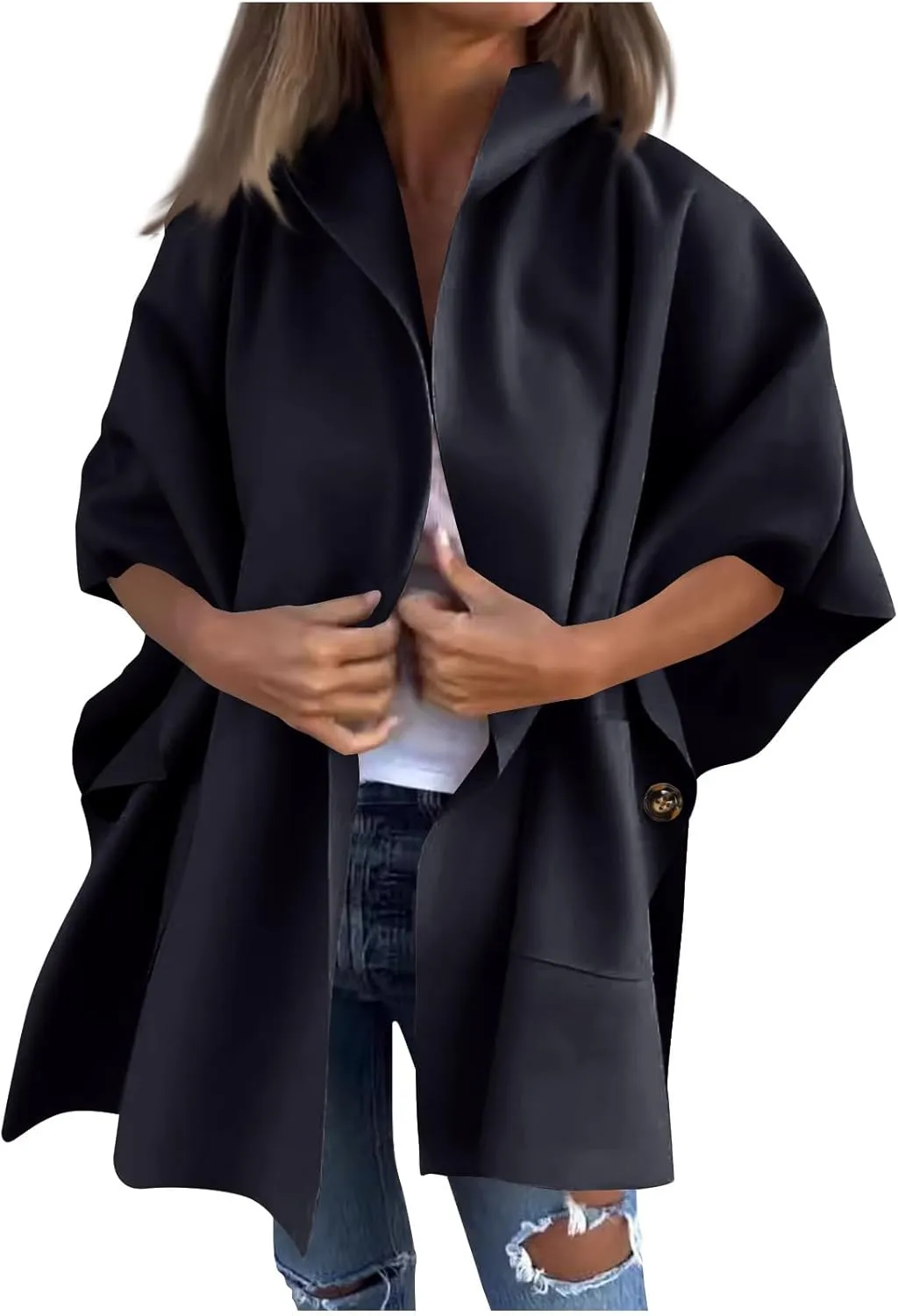 Women's Wool Blend Jackets Pea Coat Cape Shawls Winter Warm Wraps Solid Color Cardigan Casual Cape Coat for Women
