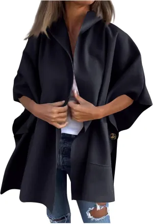 Women's Wool Blend Jackets Pea Coat Cape Shawls Winter Warm Wraps Solid Color Cardigan Casual Cape Coat for Women