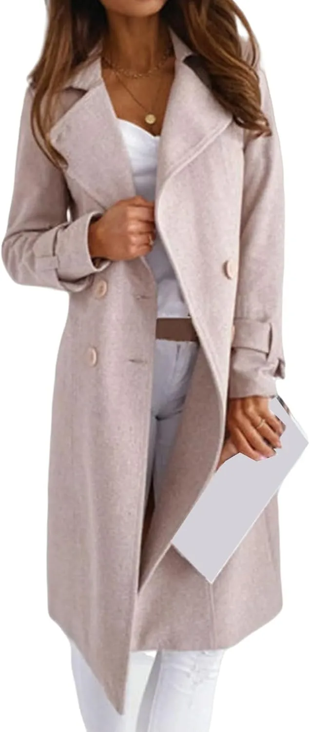 Womens Wool Blend Pea Coat Double Breast Notch Lapel Trench Coat Casual Loose Long Overcoat
