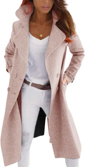 Womens Wool Blend Pea Coat Double Breast Notch Lapel Trench Coat Casual Loose Long Overcoat
