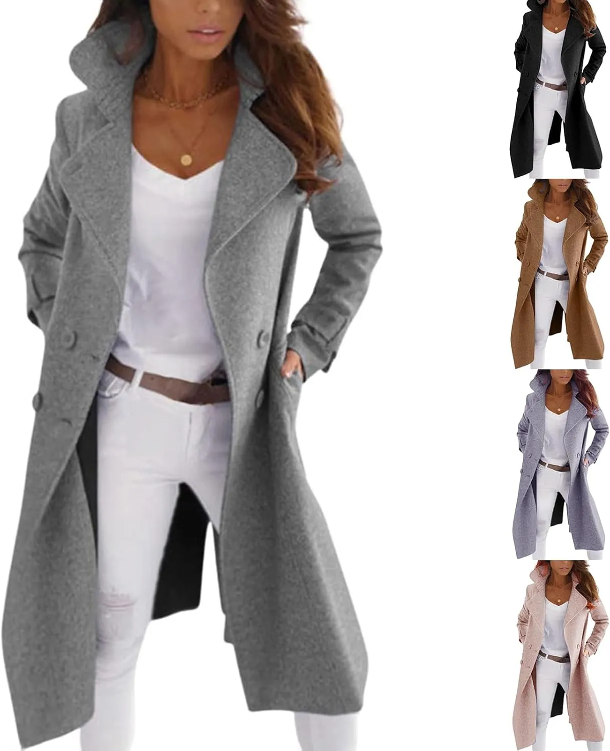 Womens Wool Blend Pea Coat Double Breast Notch Lapel Trench Coat Casual Loose Long Overcoat