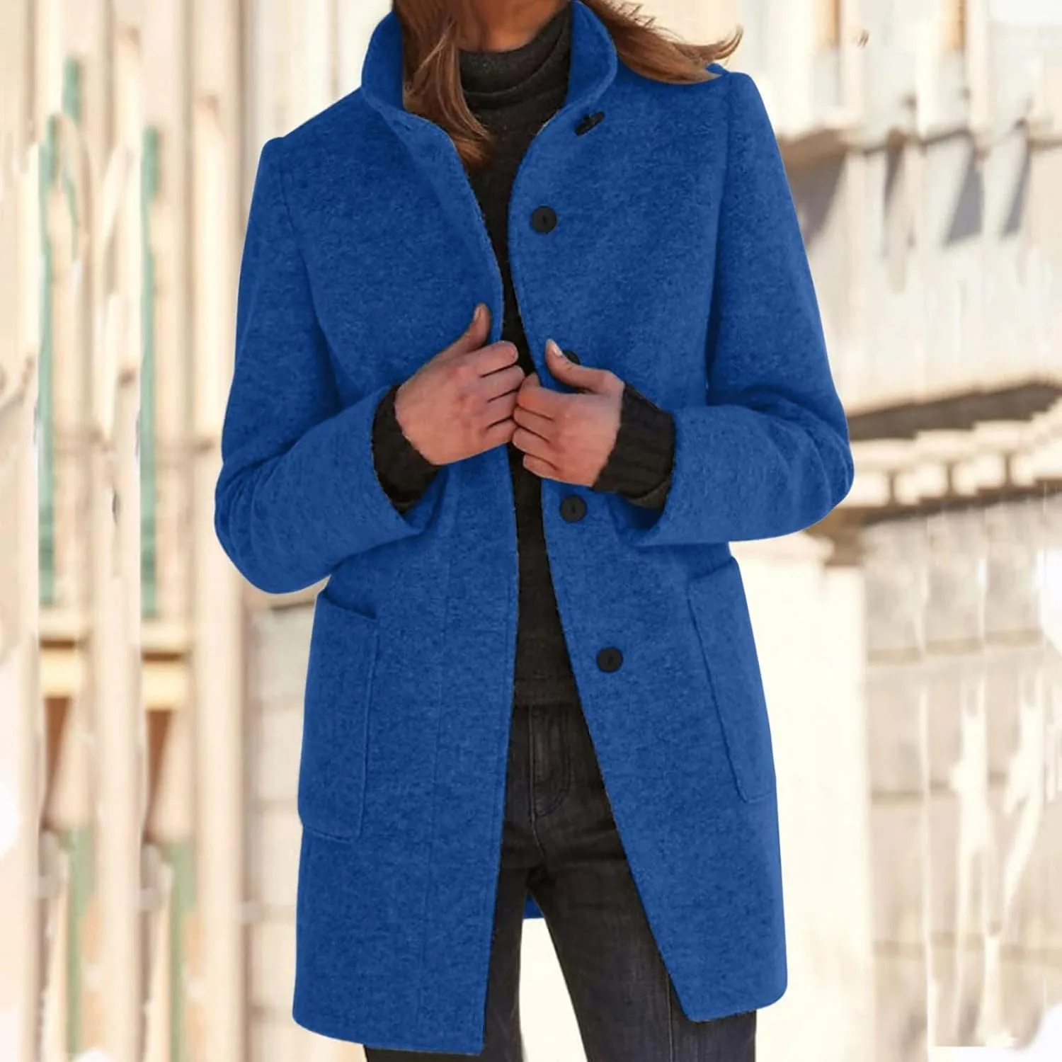 Womens Wool Blend Pea Coat Fashion Single Breasted Trench Coat Casual Stand Collar Jacket