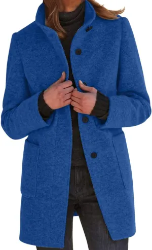 Womens Wool Blend Pea Coat Fashion Single Breasted Trench Coat Casual Stand Collar Jacket