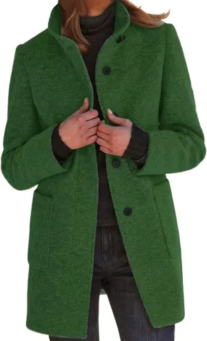 Womens Wool Blend Pea Coat Fashion Single Breasted Trench Coat Casual Stand Collar Jacket