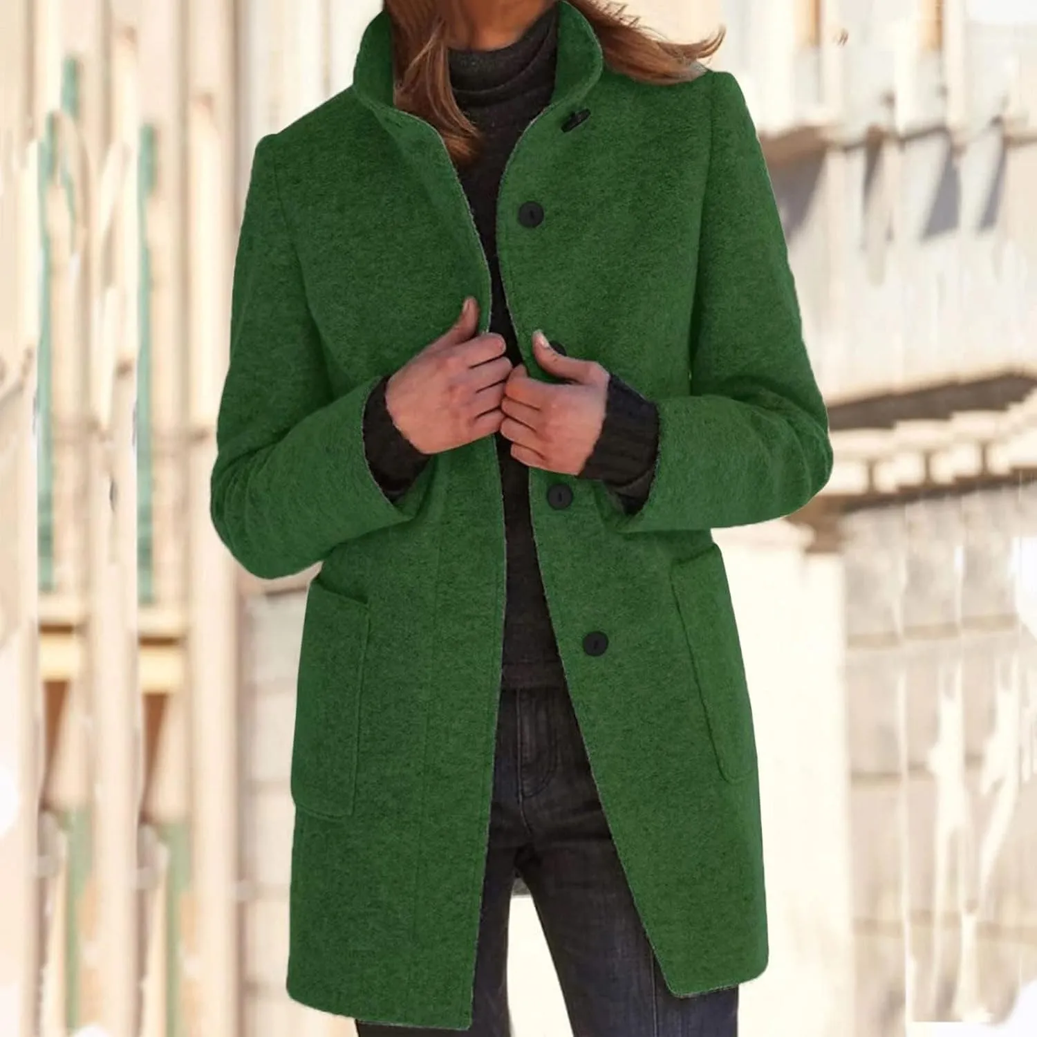 Womens Wool Blend Pea Coat Fashion Single Breasted Trench Coat Casual Stand Collar Jacket