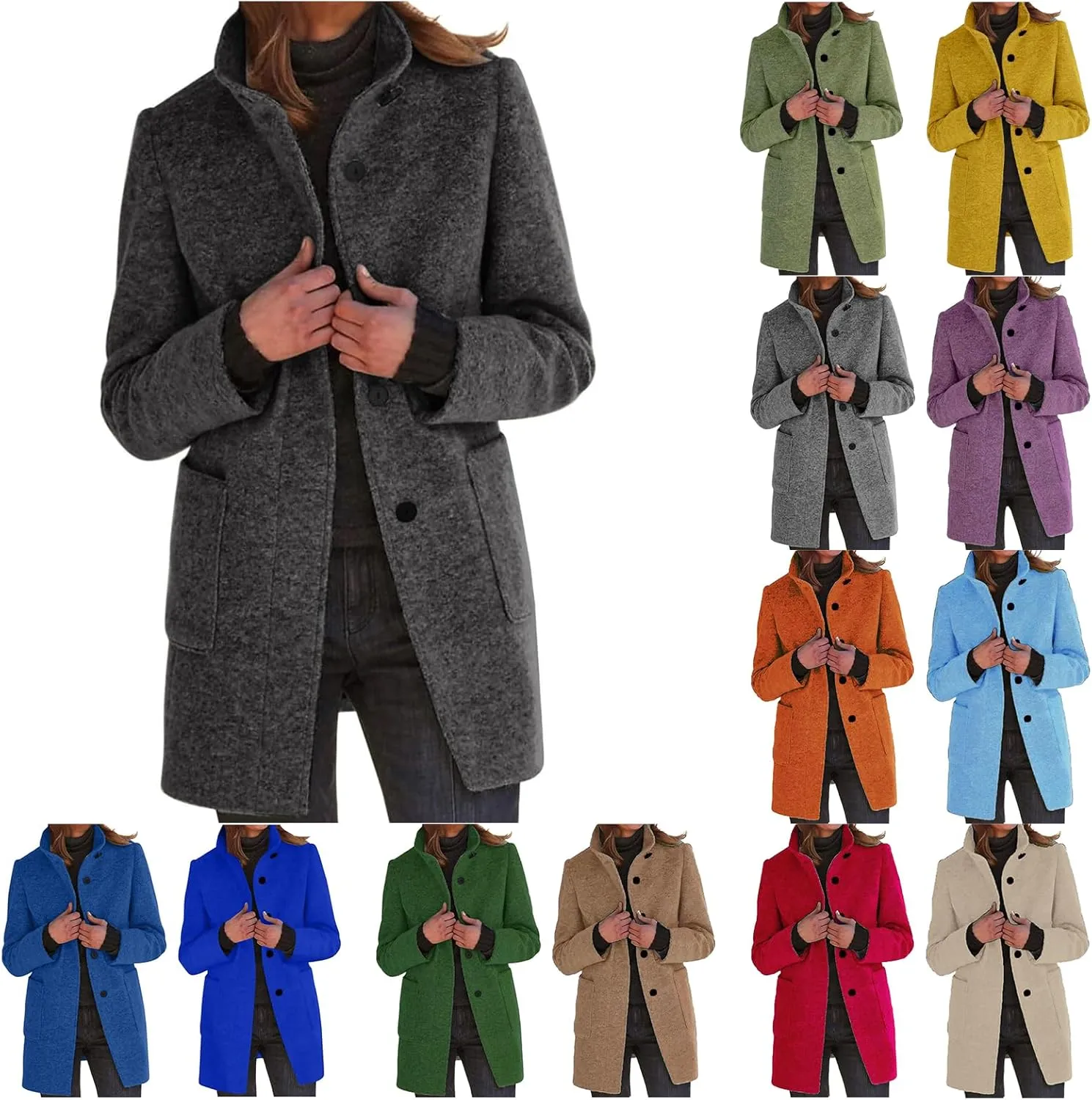 Womens Wool Blend Pea Coat Fashion Single Breasted Trench Coat Casual Stand Collar Jacket