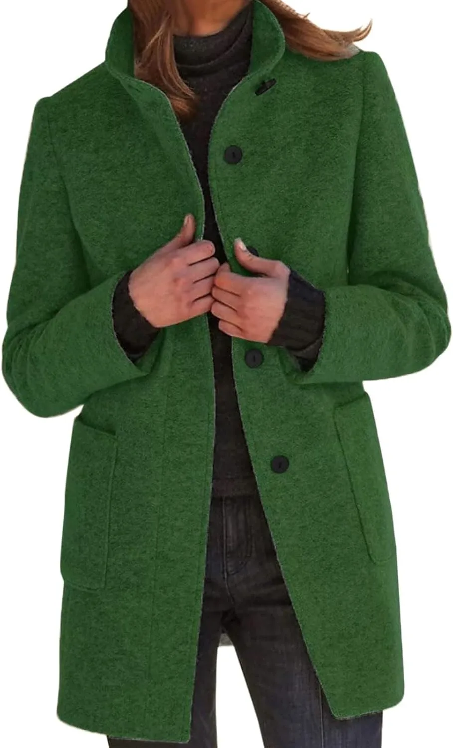 Womens Wool Blend Pea Coat Fashion Single Breasted Trench Coat Casual Stand Collar Jacket