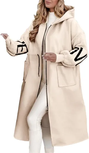 Womens Wool Blend Pea Coat Fashion Winter Dressy Overcoat Zipped Trench Jackets with Hood