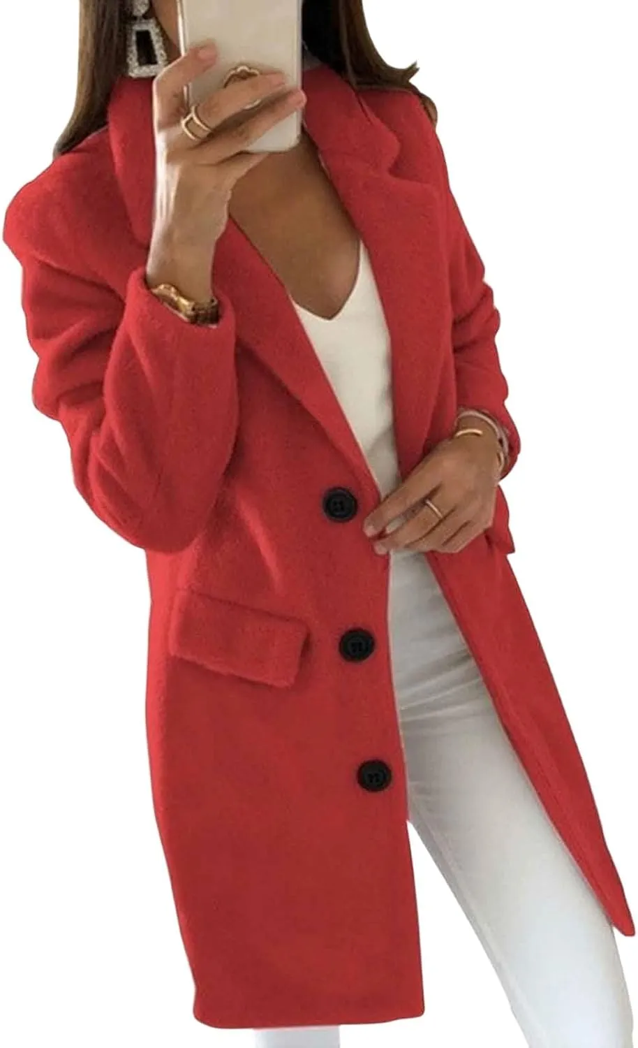 Womens Wool Blend Winter Coats Lapel Single Breasted Pea Coat Thick Warm Trench Coat Solid Color Casual Overcoat