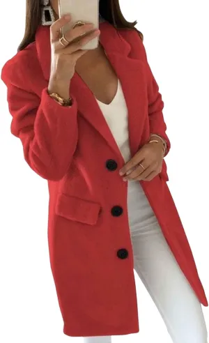 Womens Wool Blend Winter Coats Lapel Single Breasted Pea Coat Thick Warm Trench Coat Solid Color Casual Overcoat