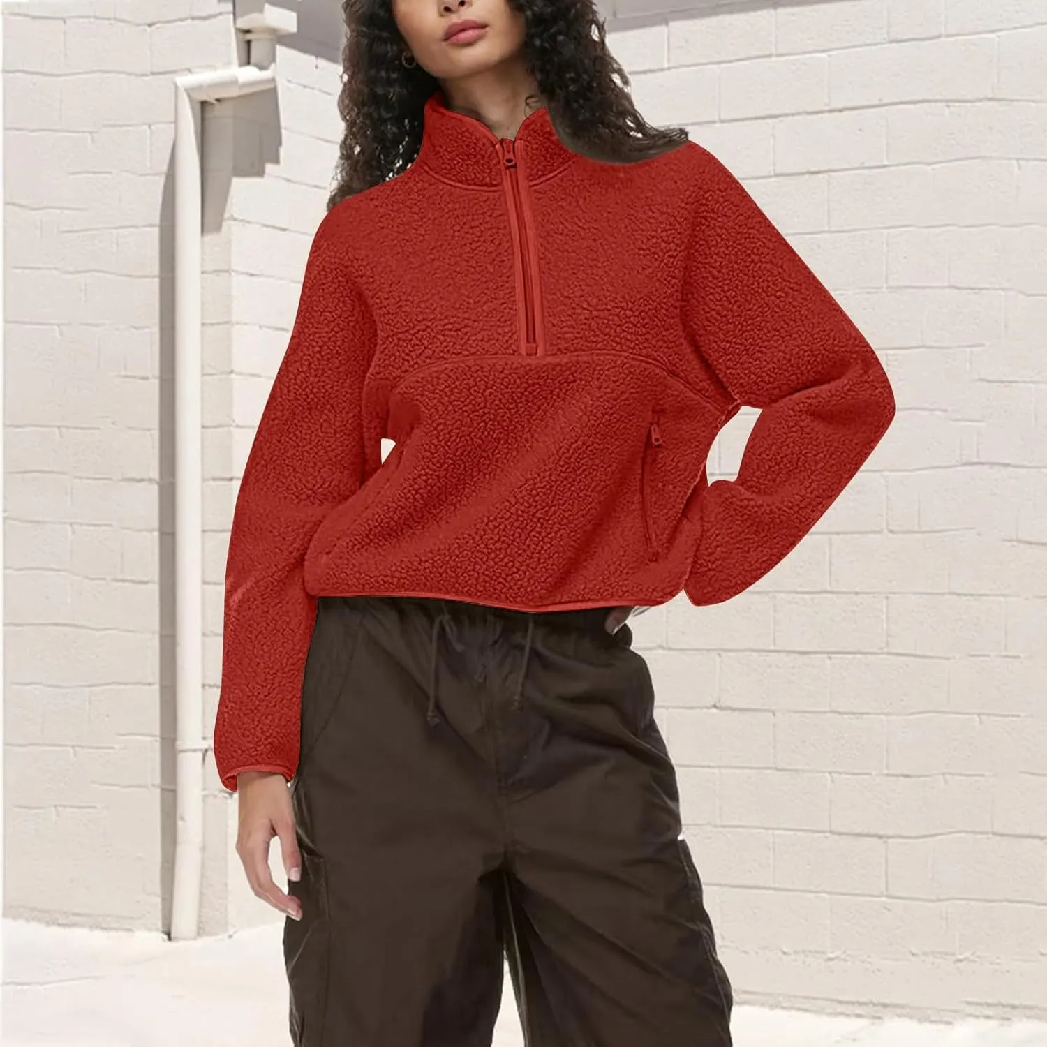 Womens Zip Up Hoodies Fuzzy Fleece Quarter Zip Pullover Women Soft Warm Cropped Sweatshirt Y2k Fall Winter Sweaters