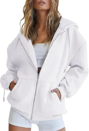 Women's Zip Up Hoodies Jacket Oversized Drawstring Hooded Sweatshirts with Pockets Long Sleeve Loose Fit Fall Coats