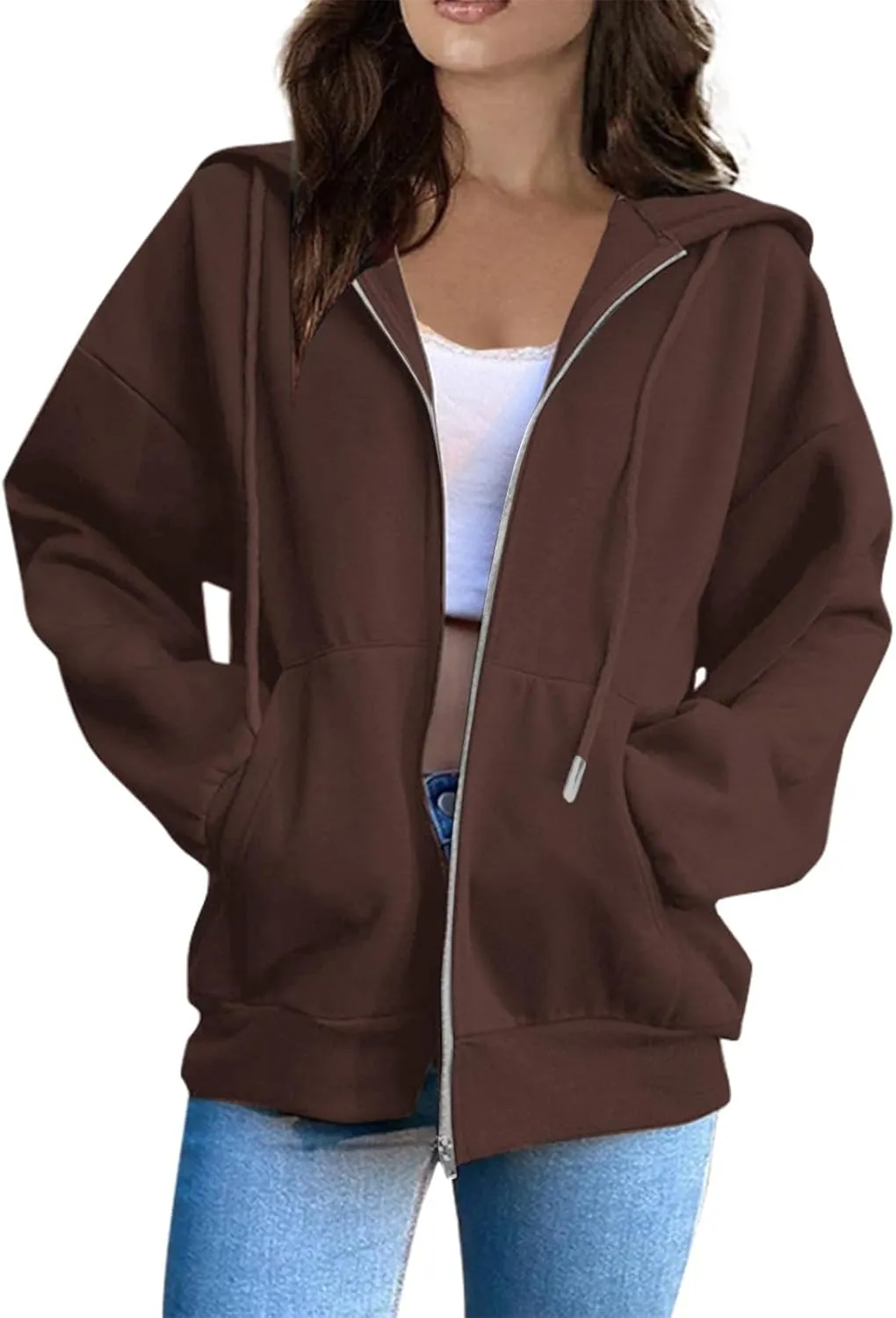 Womens Zip Up Hoodies Lightweight Fleece Jacket Oversized Hooded Sweatshirt Casual Drawstring Fall Clothes w/Pockets