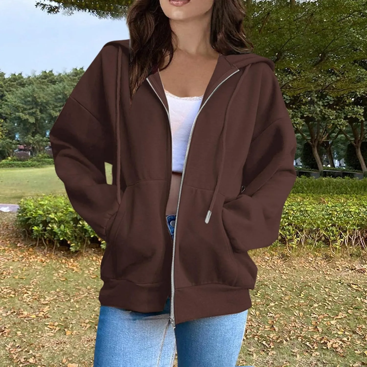 Womens Zip Up Hoodies Lightweight Fleece Jacket Oversized Hooded Sweatshirt Casual Drawstring Fall Clothes w/Pockets