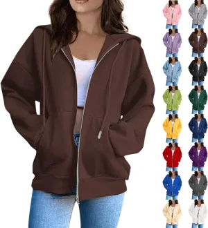 Womens Zip Up Hoodies Lightweight Fleece Jacket Oversized Hooded Sweatshirt Casual Drawstring Fall Clothes w/Pockets