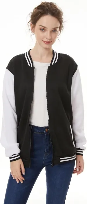 Women's Zip Varsity Baseball Jacket Lightweight Long Sleeve Casual Coat Vintage Sweatshirts Classic Letterman Jackets