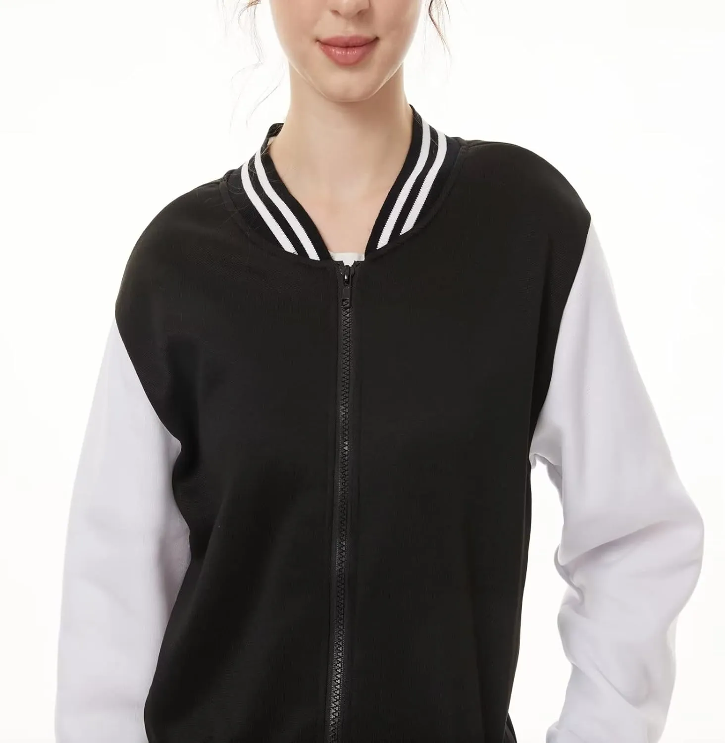 Women's Zip Varsity Baseball Jacket Lightweight Long Sleeve Casual Coat Vintage Sweatshirts Classic Letterman Jackets