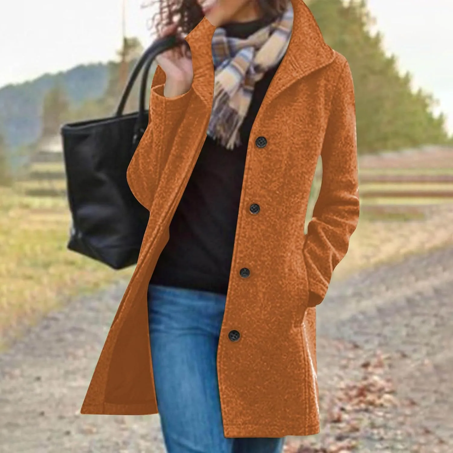 Wool Blend Coat for Women 2024 Single Breasted Peacoat Plus Size Trench Coats Tops Long Winter Cardigan with Pockets