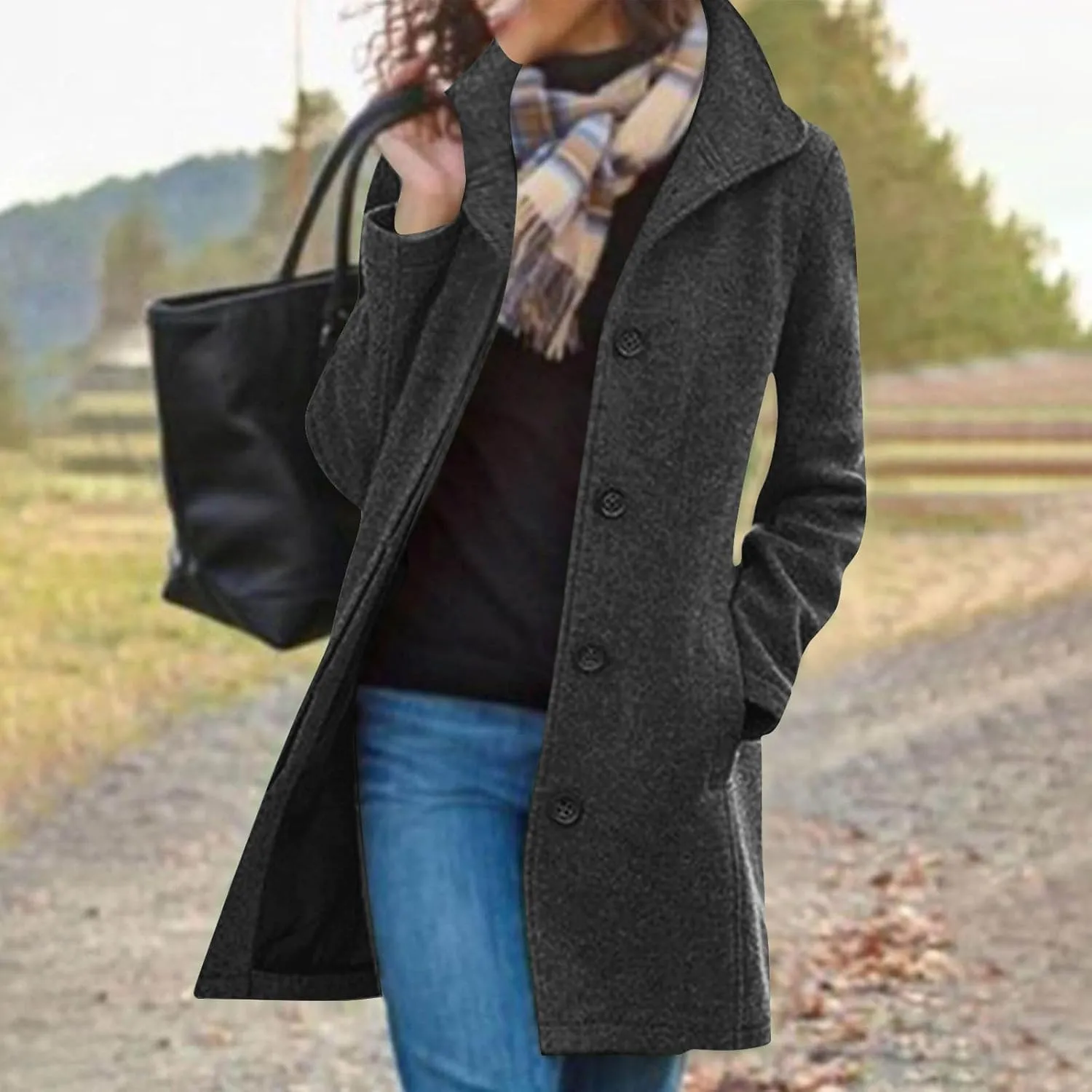 Wool Blend Coat for Women 2024 Single Breasted Peacoat Plus Size Trench Coats Tops Long Winter Cardigan with Pockets