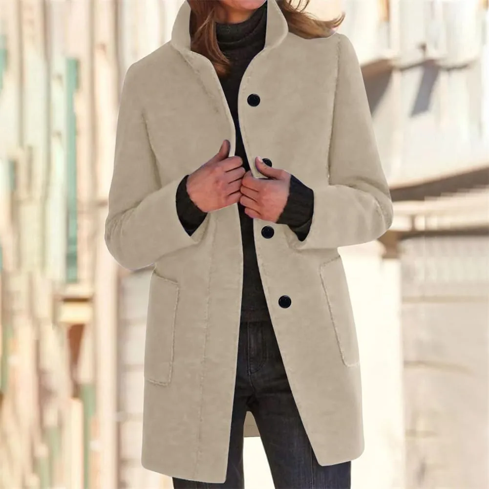 Wool Coat for Women Plus Size Thicken Pea Coats, Winter Stand Collar Single Breasted Wool Coats, Wool Blend Peacoat