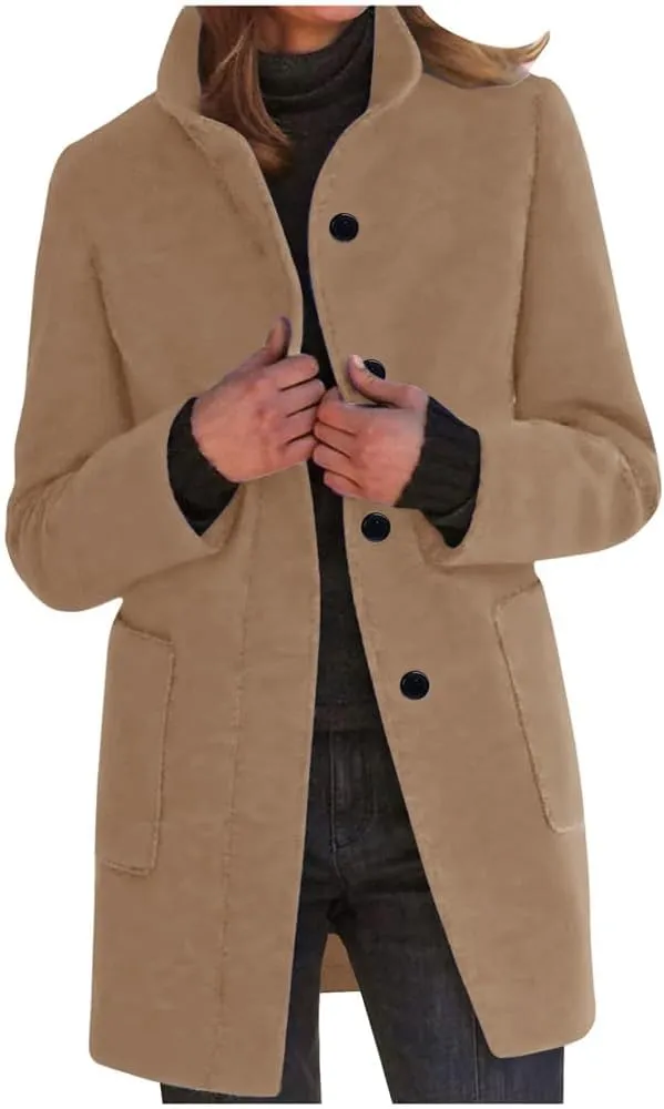 Wool Coat for Women Plus Size Thicken Pea Coats, Winter Stand Collar Single Breasted Wool Coats, Wool Blend Peacoat