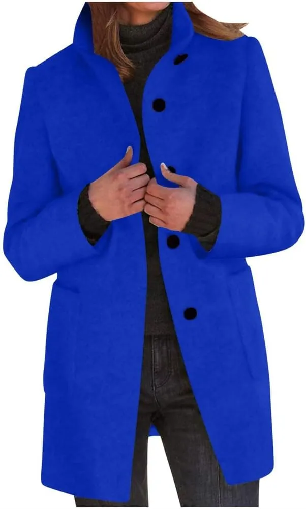 Wool Coat for Women Plus Size Thicken Pea Coats, Winter Stand Collar Single Breasted Wool Coats, Wool Blend Peacoat
