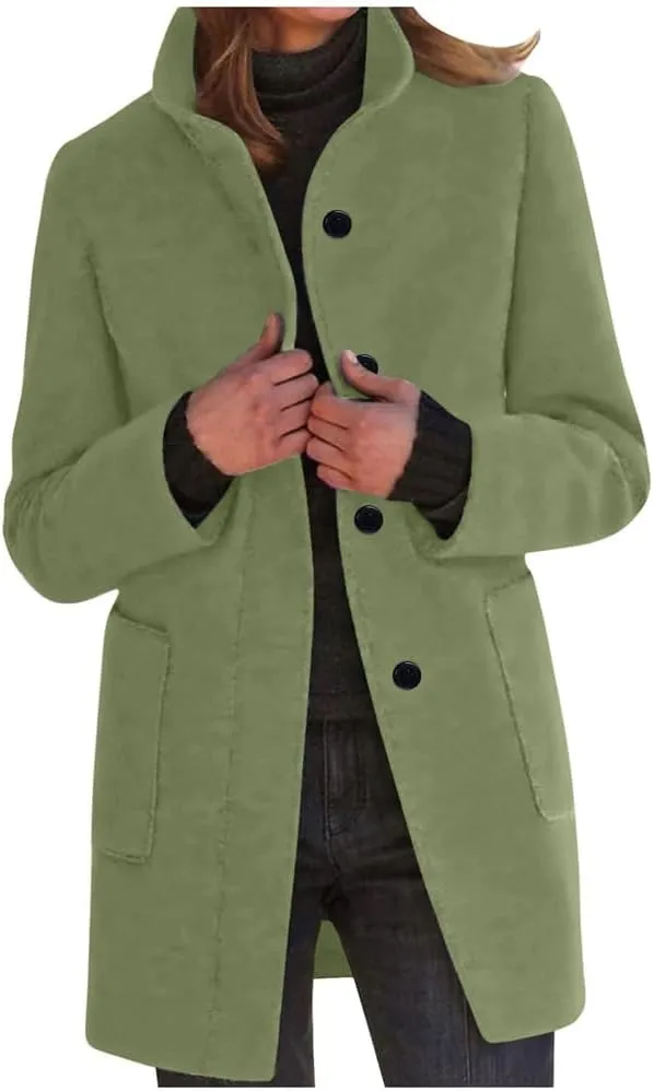 Wool Coat for Women Plus Size Thicken Pea Coats, Winter Stand Collar Single Breasted Wool Coats, Wool Blend Peacoat