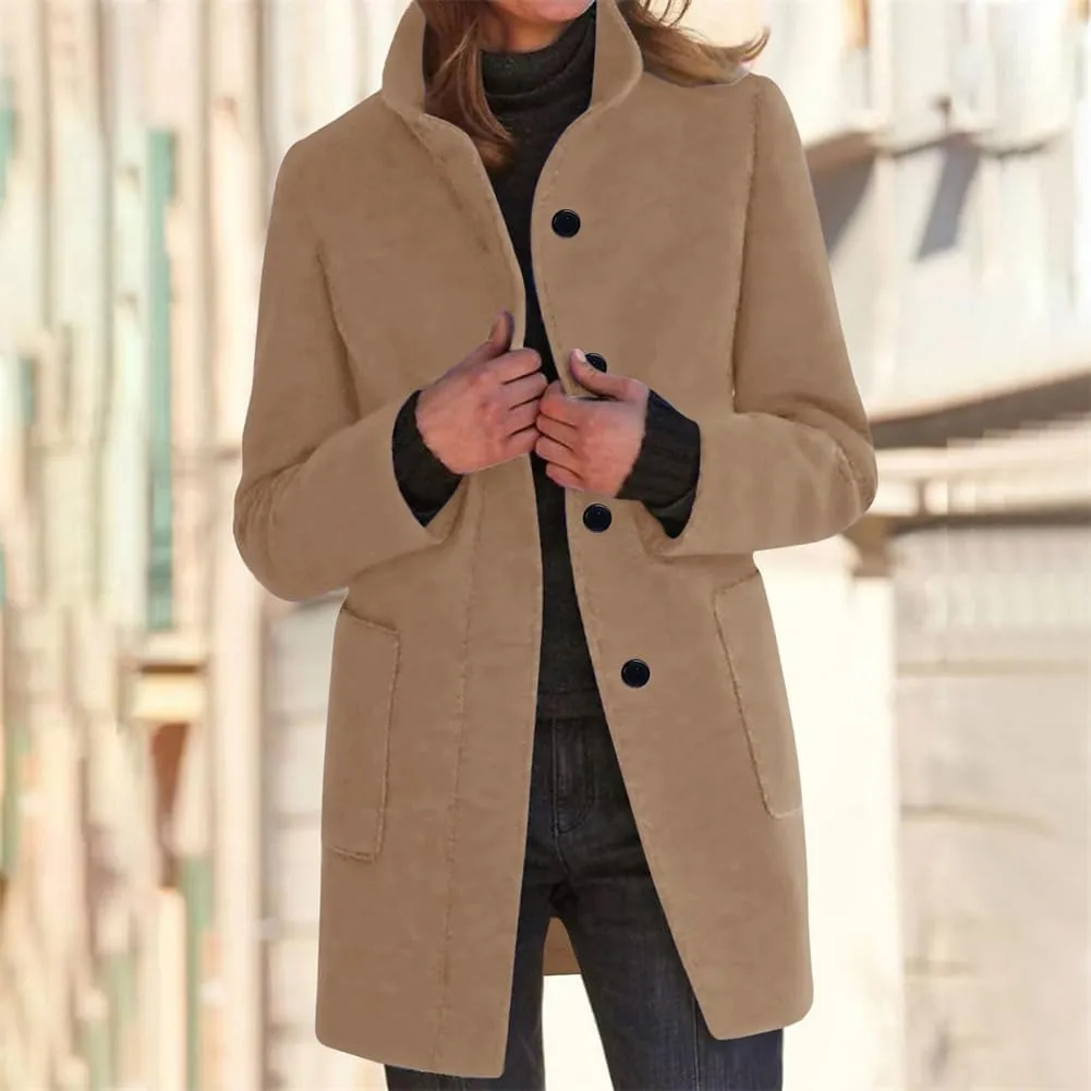 Wool Coat for Women Plus Size Thicken Pea Coats, Winter Stand Collar Single Breasted Wool Coats, Wool Blend Peacoat