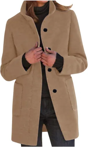 Wool Coat for Women Plus Size Thicken Pea Coats, Winter Stand Collar Single Breasted Wool Coats, Wool Blend Peacoat