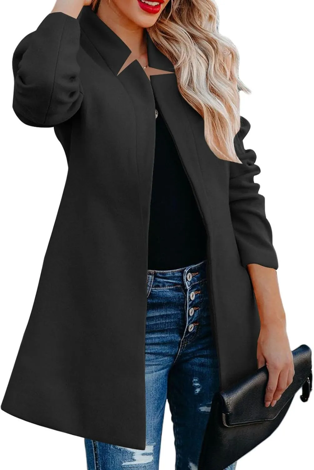 Wool Coats for Women Casual Notch Lapel Open Front Cardigan Outwear Mid Length Solid Color Pea Trench Coat 2023