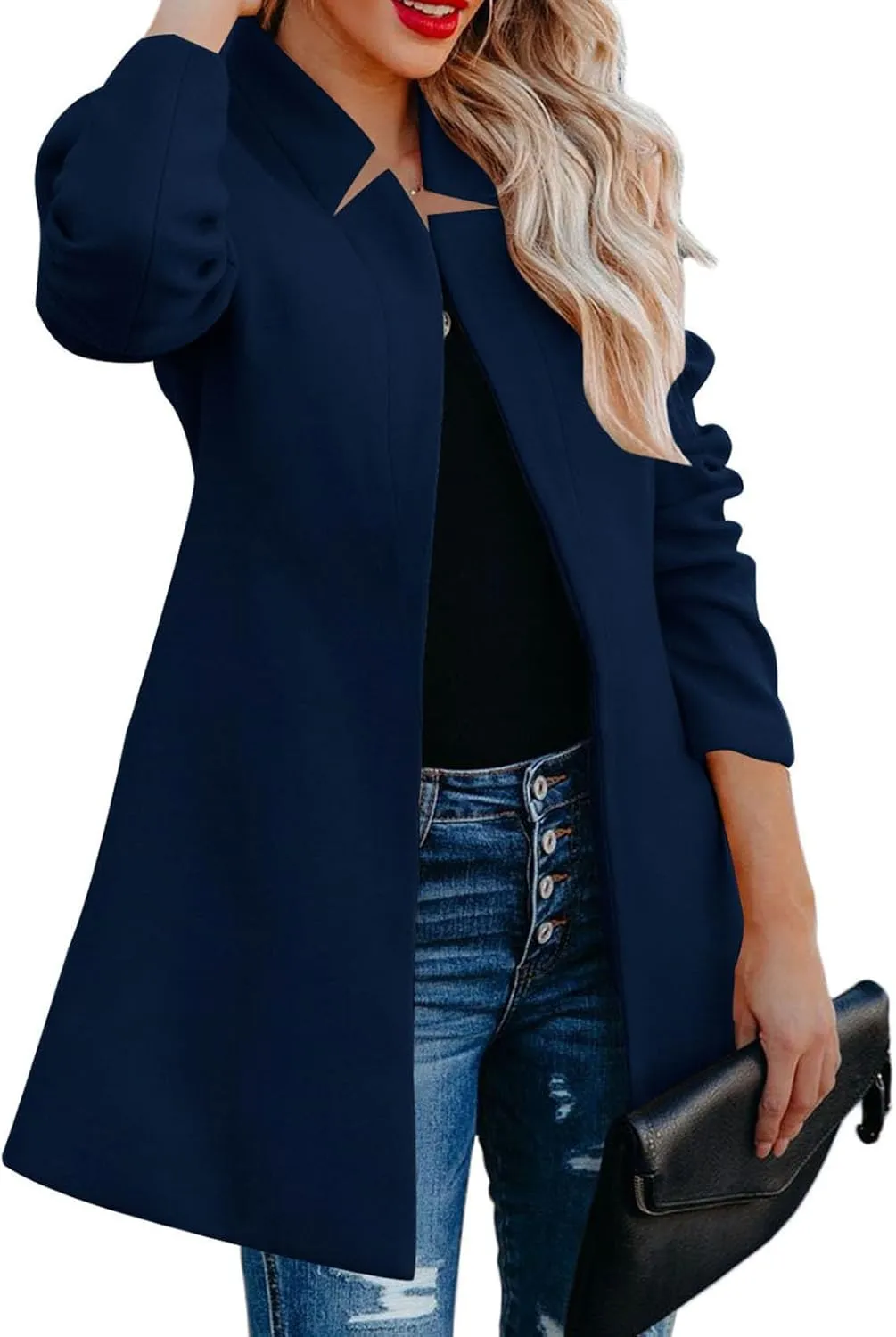 Wool Coats for Women Casual Notch Lapel Open Front Cardigan Outwear Mid Length Solid Color Pea Trench Coat 2023
