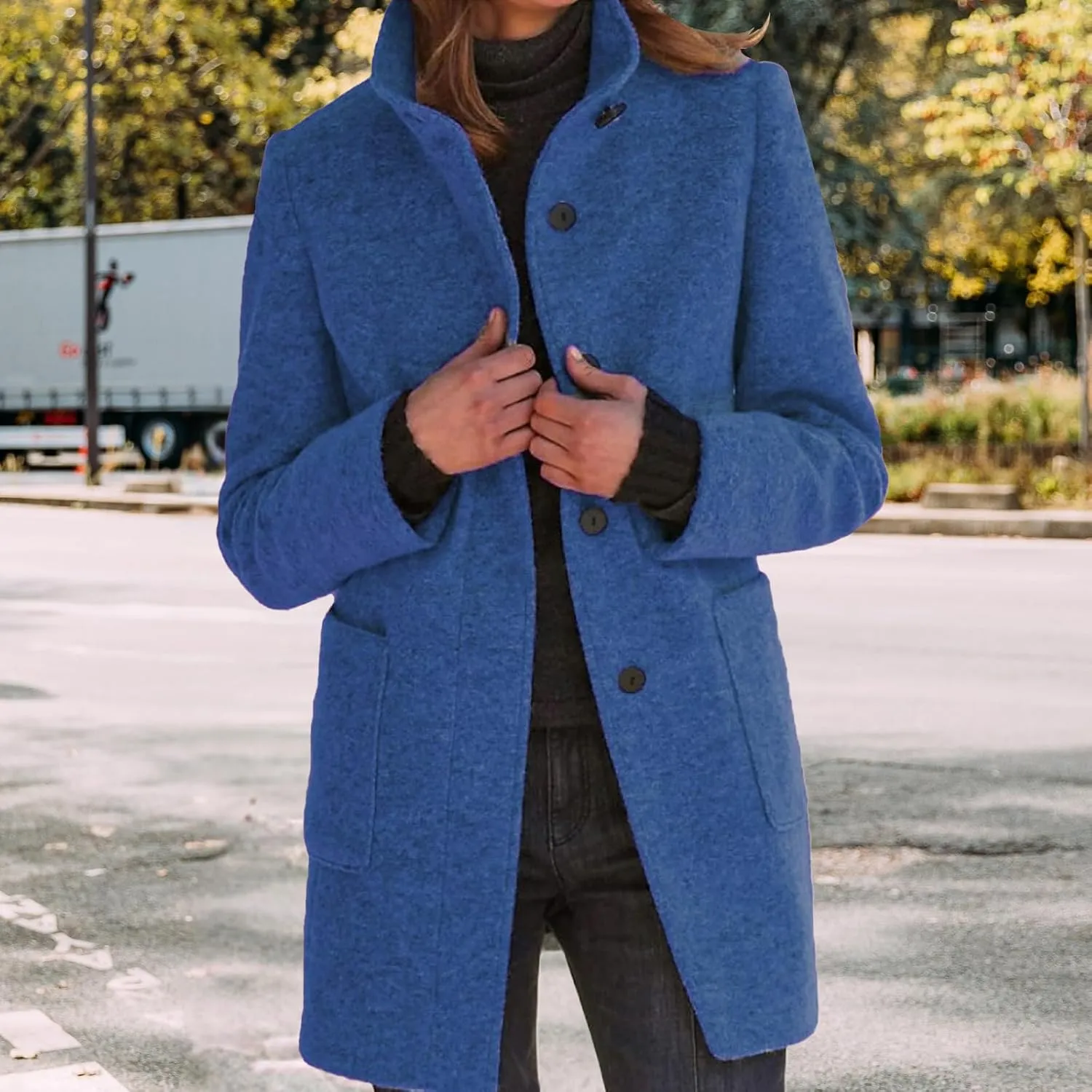Wool Coats for Women Plus Size Casual Fashion Thicken Stand Collar Single Breasted Winter Jackets with Pockets