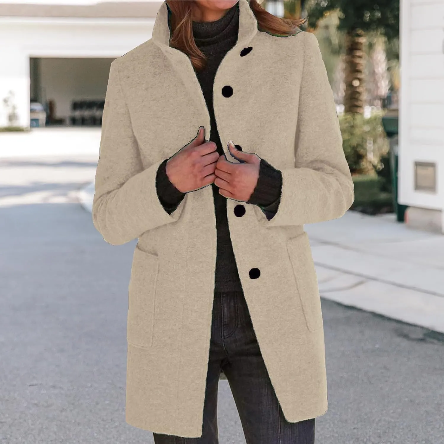 Wool Coats for Women Plus Size Casual Fashion Thicken Stand Collar Single Breasted Winter Jackets with Pockets