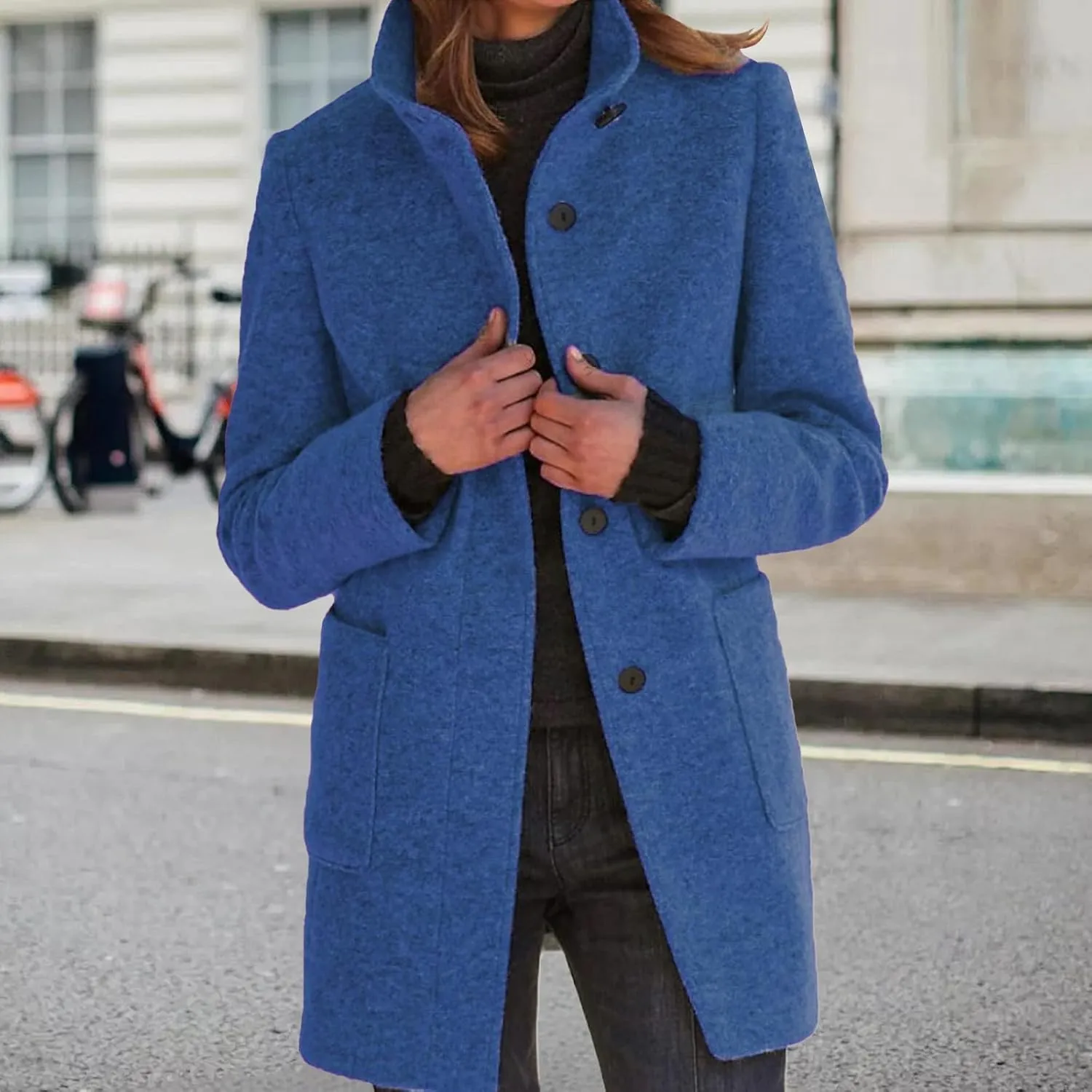 Wool Coats for Women Plus Size Casual Fashion Thicken Stand Collar Single Breasted Winter Jackets with Pockets
