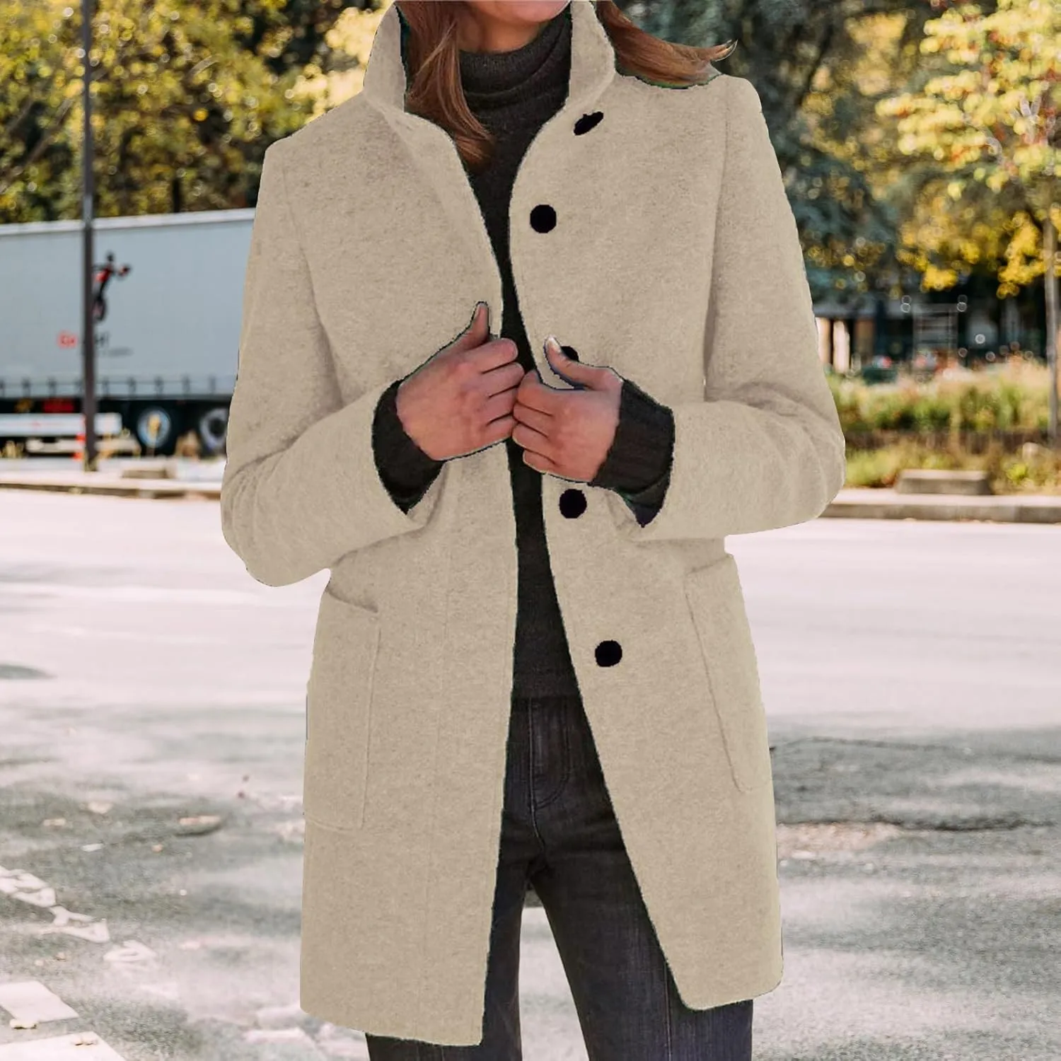 Wool Coats for Women Plus Size Casual Fashion Thicken Stand Collar Single Breasted Winter Jackets with Pockets