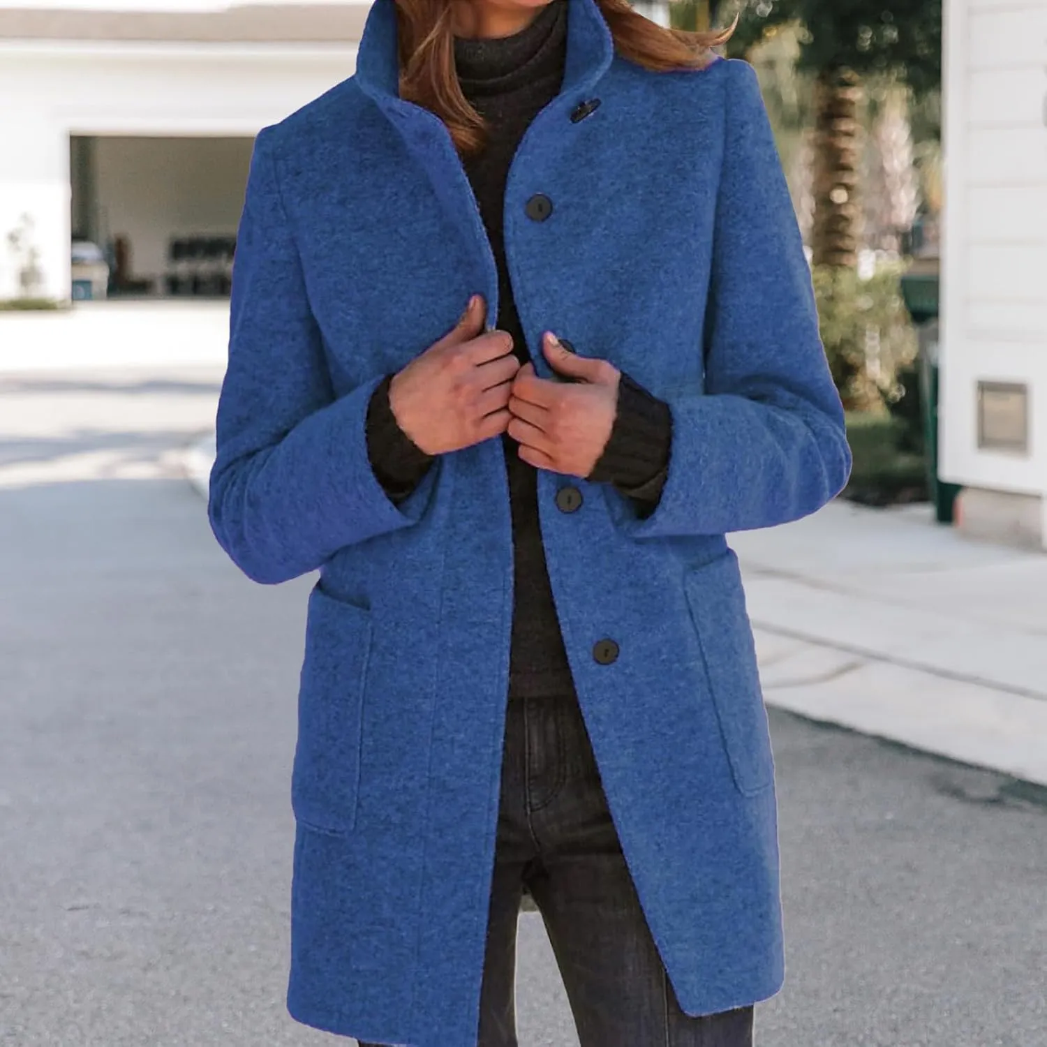 Wool Coats for Women Plus Size Casual Fashion Thicken Stand Collar Single Breasted Winter Jackets with Pockets