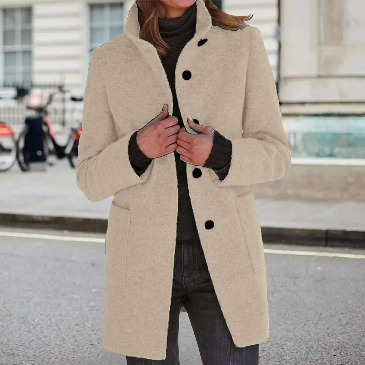 Wool Coats for Women Plus Size Casual Fashion Thicken Stand Collar Single Breasted Winter Jackets with Pockets