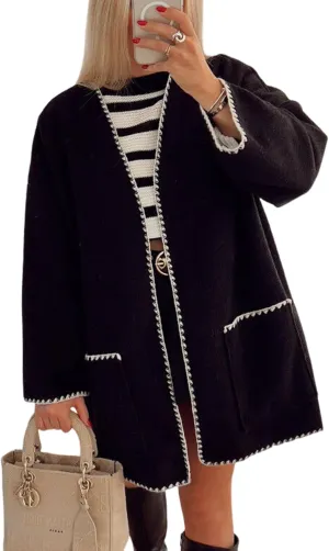 Wyeysyt Womens Embroidered Wool Blend Jacket Oversized Cardigan Mid Long Trench Coat Outerwear with Pockets