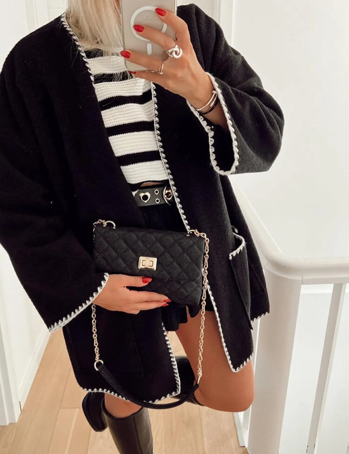 Wyeysyt Womens Embroidered Wool Blend Jacket Oversized Cardigan Mid Long Trench Coat Outerwear with Pockets