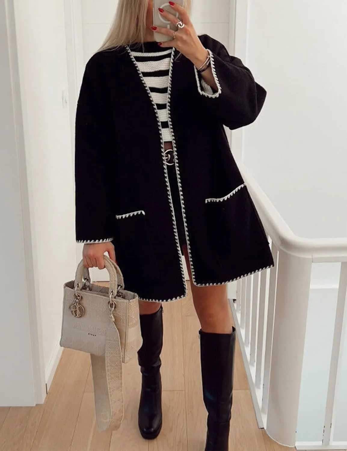 Wyeysyt Womens Embroidered Wool Blend Jacket Oversized Cardigan Mid Long Trench Coat Outerwear with Pockets