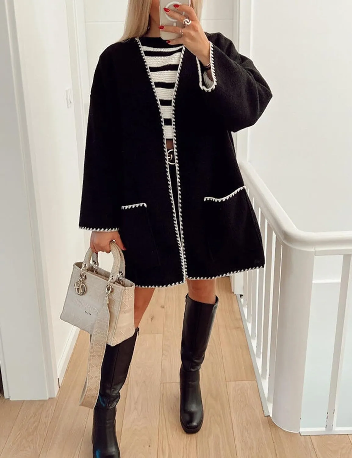 Wyeysyt Womens Embroidered Wool Blend Jacket Oversized Cardigan Mid Long Trench Coat Outerwear with Pockets