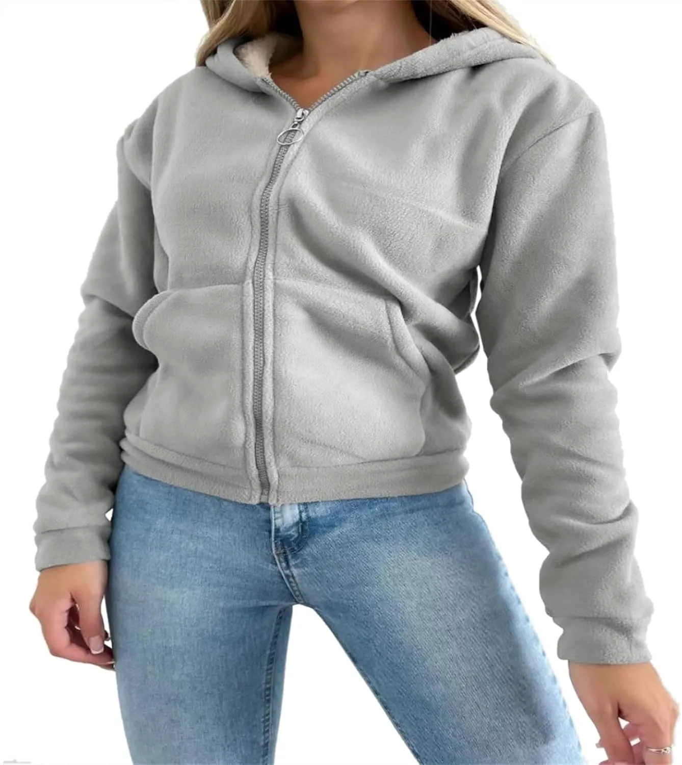 XOWRTE Women's Sherpa Lined Hooded Sweatshirt Zip Up Winter Warm Hoodie Comfy Hooded Fleece Hoodies Cropped Jacket for Winter