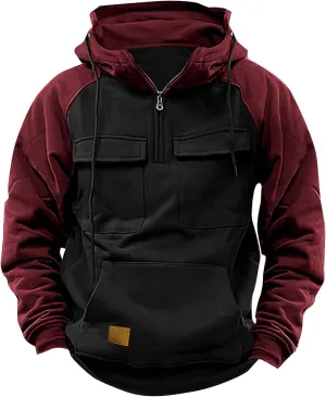 Zip Up Hoodie Men Big and Tall Long Sleeve Cargo Sweatshirts Casual Color Block Tactical Pullover Shirt Multi Pockets