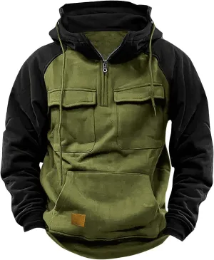 Zip Up Hoodie Men Big and Tall Long Sleeve Cargo Sweatshirts Casual Color Block Tactical Pullover Shirt Multi Pockets