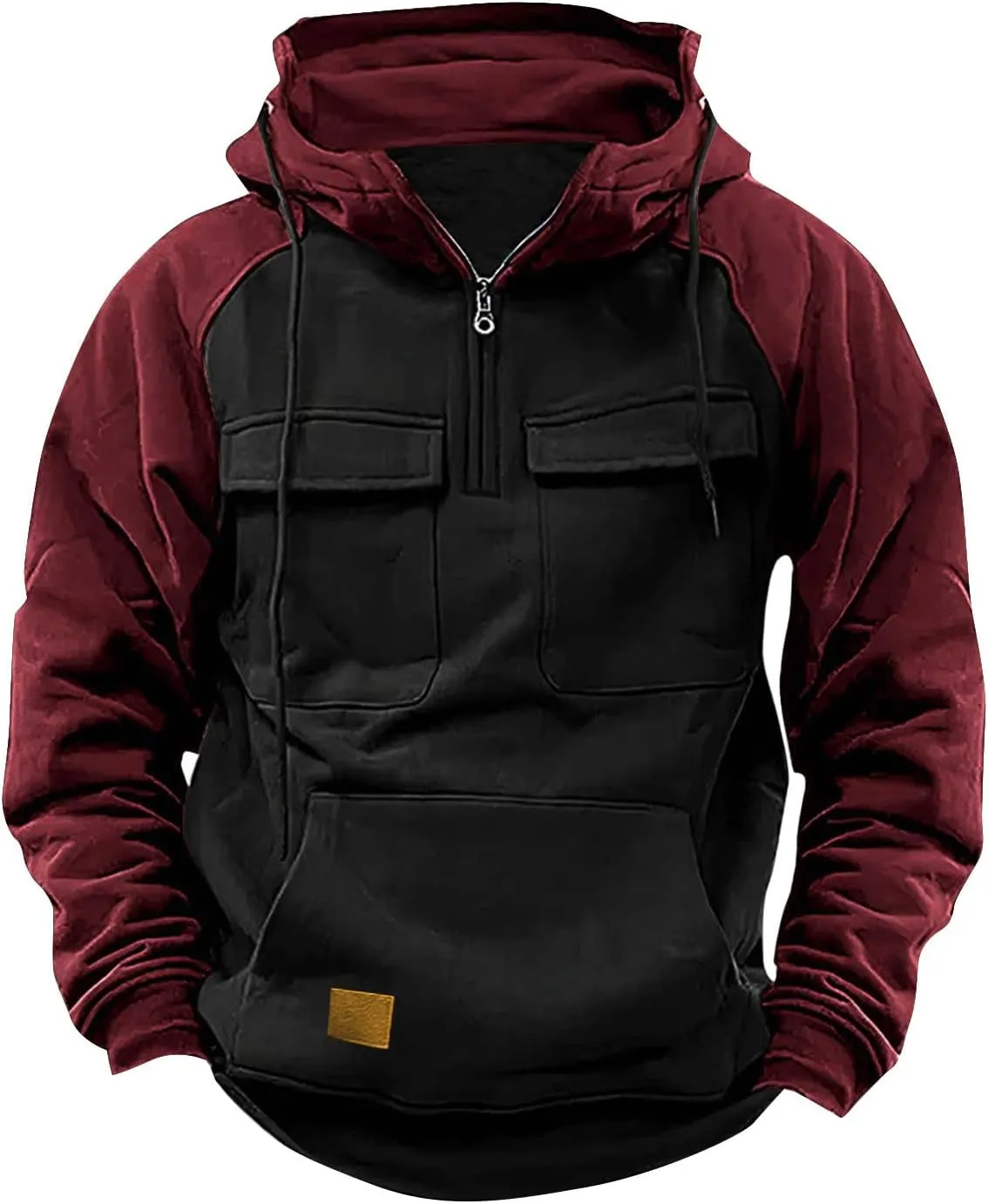 Zip Up Hoodie Men Big and Tall Long Sleeve Cargo Sweatshirts Casual Color Block Tactical Pullover Shirt Multi Pockets
